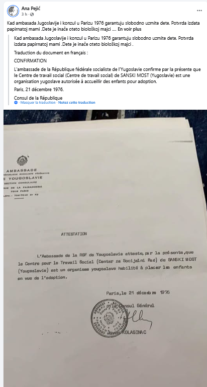 Attestation consulaire yougoslave, Paris, 21 décembre 1976, signée du consul général Jovan Kolašinac