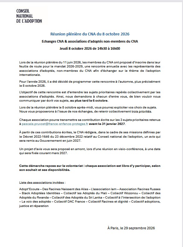 Convocation pour la réunion plénière du 8 octobre 2026